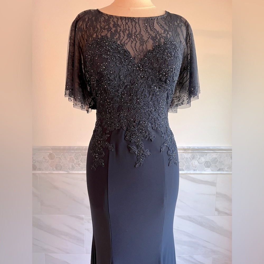 New XSCAPE Lace Embellished Corset Flatter Mermaid Navy Gown Sz 6/8 - Picture 2 of 13